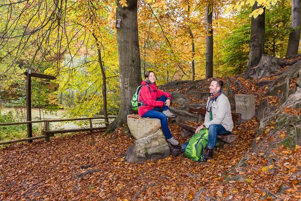 Zwei Wanderer mit Rucksäcken sitzen in der herbstlichen Eckernworth und machen Rast