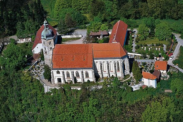 Luftaufnahme der Kirchenanlage Bogenberg, umgeben von dichtem Laubwald.