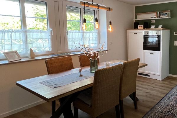 Esszimmer mit Tisch und vier Stühlen, über dem Tisch hängt eine Lampe. Im Hintergrund ist ein Küchenelement mit Backofen zu sehen.