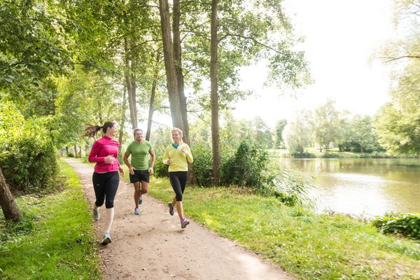 3 Joggerinnen auf dem breiten Mehrzweckweg längs des Sees