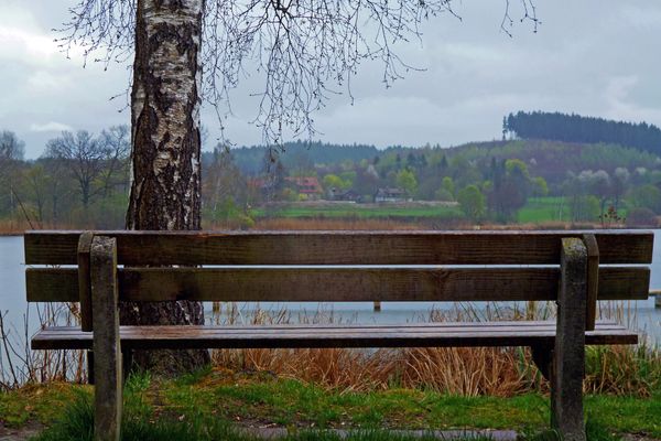 Mehrere Bänke am Ufer des Dietlhofer Sees bieten Platz zum Erholen - hier mit Blick zum Weiler Dietlhofen.