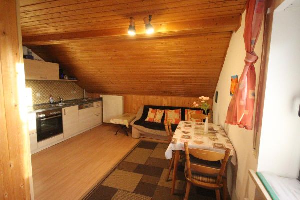 Mansarden-Wohnküche mit Küchenzeile aus hellem Holz, Sofa, Tisch, drei Stühlen und braun gemustertem Teppich. Die Mansarde ist holzverkleidet, am Fenster hängen rotgemusterte, halbhohe Vorhänge.