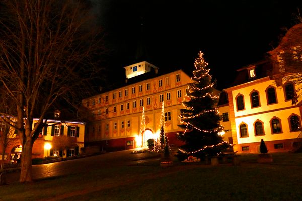 Der weihnachtlich beleuchtete Schlossplatz in Bad König mit dem Alten und Neuen Schloss, der Rentmeisterei und einem großen Weihnachtsbaum in der Mitte.