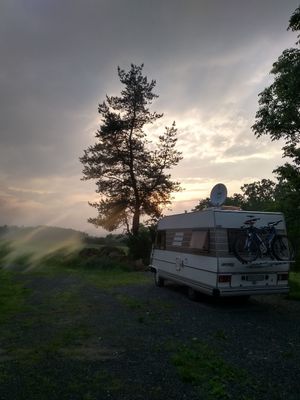 Ein Wohnmobil steht in der Dämmerung vor einem Baum.