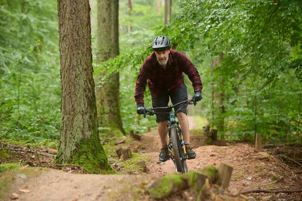 Mountainbiker mit Helm und Ausrüstung fahren auf ihrem Rad eine abgegrenzte Strecke entlang.