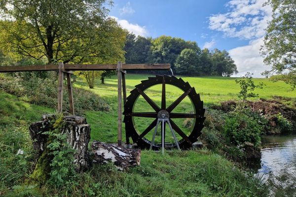 Ein historisches Wasserrad mit Zulauf auf der grünen Wiese am See.