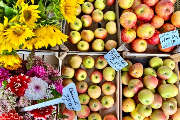 Marktstand mit verschiedenen Apfelsorten in Kisten und Sonnenblumen sowie bunte Blumen in einem Bund