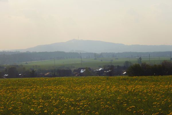 Schöner Blick vom Schellenberg über Eberfing hinweg zum Hohen Peißenberg mit dem Fernsehturm.