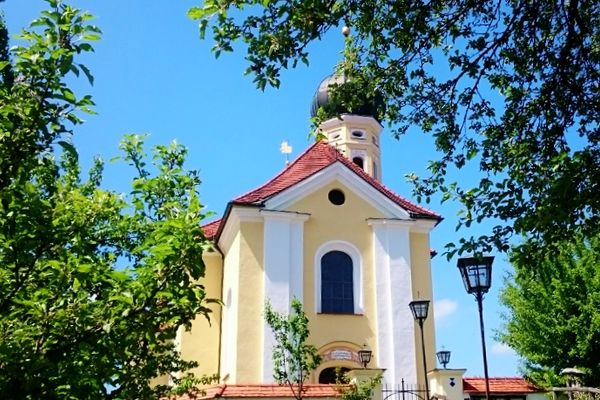 Blick auf die gelb-weiße Kirche. Im Vordergrund stehen links und rechts von der Kirche Bäume.