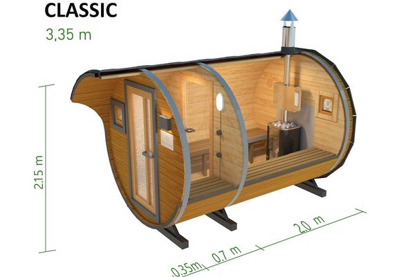 Auf dem Bild ist ein 3D Modell einer Fass-Sauna mit den Maßen zu sehen.