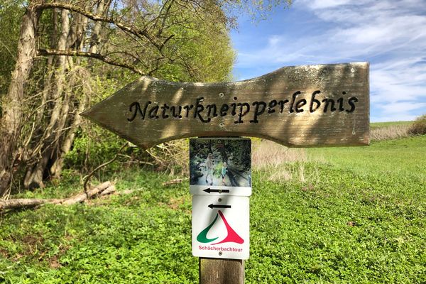 Ein einfaches Holzschild mit der Aufschrift Naturkneipperlebnis. Darunter ein Bild zum Naturkneippen, auf dem ein Mann und ien Kind mit nackten Beinen im Flusslauf stehen. Darunter die Wegemarierung der Schächerbachtour.