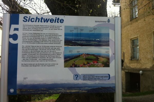 Tafel fünf des Wetterlehrpfades erklärt alles zum Panorama vom Hohen Peißenberg