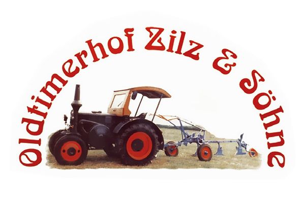 Logo, Trecker und Pflug in Seitenansucht mit rotem Schriftzug