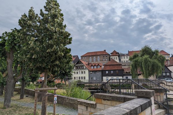Das Bild zeigt die Jahnsalle in Kronach, hier sieht man die Altstadt Kronachs im Hintergrund. In der Jahnsallee sieht man Bäume. Direkt daneben fließt ein Fluss.