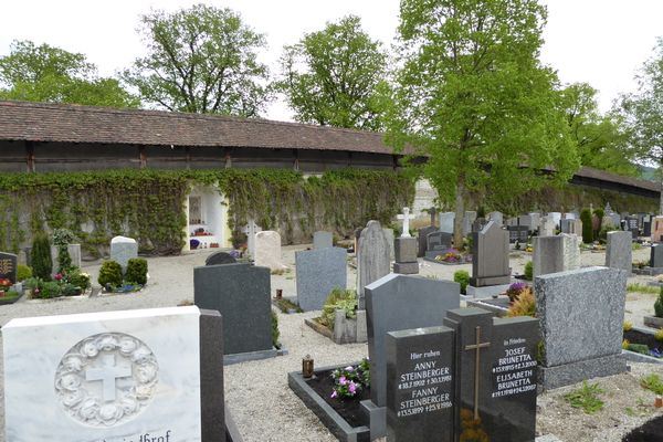 Schongauer Stadtfriedhof mit Blick auf die historische Stadtmauer