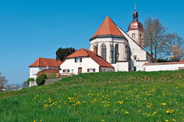 Die Wallfahrtskirche Bogenberg, davor ein Gebäude und eine Wiese mit gelb blühendem Löwenzahn.