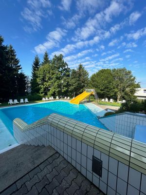 Steinstufen führen hinab zu einem Außenpool mit gelber Rutsche. Auf der Rasenfläche rund um den Pool stehen mehrere Liegen, die von hohen Bäumen beschattet werden. Darüber der blaue Himmel mit Schäfchenwolken.