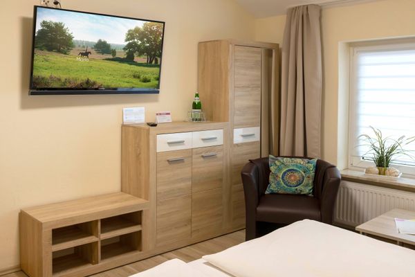 Gästezimmer mit Wandfernseher, hellen Holzmöbeln, braunem Sessel mit Kissen, Fenster mit Rollos und kleinem Tisch mit Pflanzen.