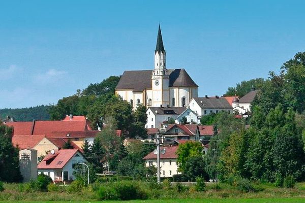 Im Vordergrund eine Wiese und mehrere Gebäude, dahinter die Kirche mit viereckigem Turm, achteckigem Überbau und Spitzdach. Laubbäume umgeben die Gebäude und einen Teil der Kirche.