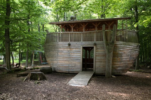 Eine große, hölzerne Arche Noah steht mitten im Wald. Sie kann wie ein Raum betreten werden.