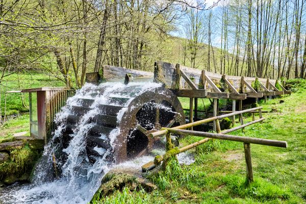 Über ein hölzernes Wasserrad umgeben von einer grünen Wiese und Bäumen, die langsam das Treiben anfangen, fließt die Trubach.