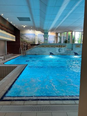 Das Hallenbad "Römerlagune" mit beleuchtetem Schwimmbecken. Die Wände sind mit verschiedenen Motiven und Bildern dekoriert. Im Hintergrund sich durch die Fensterfront hohe Bäume sichtbar.