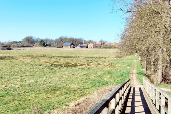 Die hölzerne Brücke über die Ilmenau verbindet die Uferstraße in Bienenbüttel mit dem Weg in Richtung Hohenbostel. Von hier öffnet sich der Blick über eine weite, von Knicks und Höfen durchzogene Wiesenlandschaft in der RadReiseRegion Uelzen.