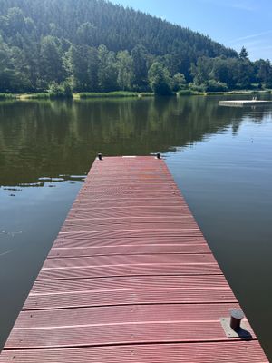 Auf dem Bild ist ein Holzsteg am Badesee Trebgast zu sehen.