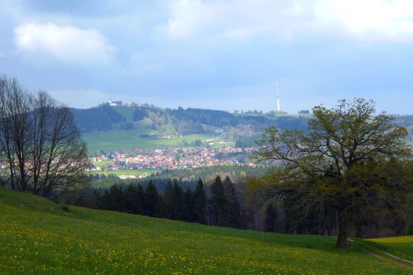 Oberhalb von Leithen eröffnet sich ein grandioser Blick auf den Hohen Peißenberg mit der Wallfahrtskirche und dem Fernsehturm.