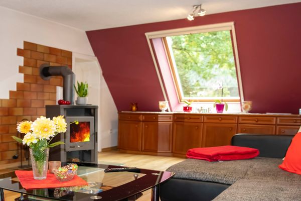 Wohnzimmer mit Sofa und Couchtisch im Vordergrund sowie Kaminofen an einer Wand und Fenster im Hintergrund
