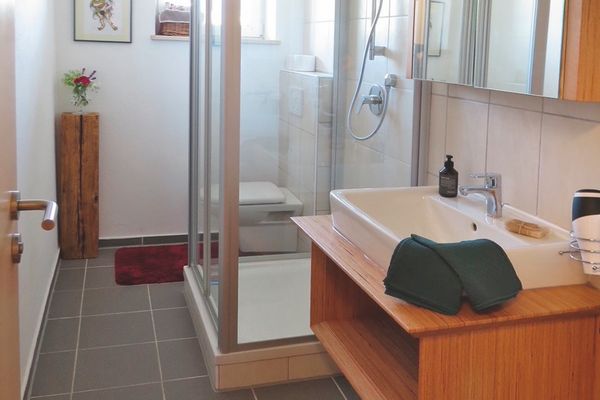 Badezimmer mit grauen Bodenfliesen und Badvorleger , ein weiße Waschbecken mit Unterschrank aus Holz sowie ein Hängespiegel, dahinter kommt die Glasdusche und das WC sowie ein Außenfenster