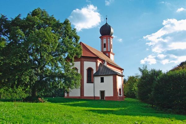Die Wallfahrtskirche St. Johann in Falkenfels hat einen mehreckigen Turm mit Zwiebelkuppel und steht in einer Wiese, umgeben von hohen Laubbäumen.