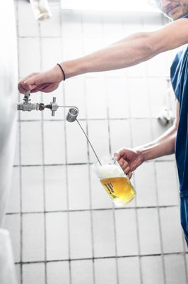 Braumeister entnimmt dem Biertank eine Halbe