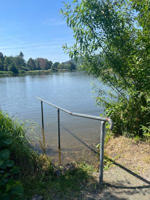 Auf dem Bild ist der Badesee Trebgast abgebildet. Man sieht auch ein Einstiegsgeländer.