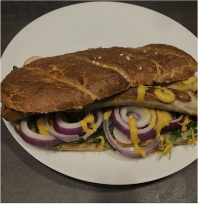 Auf dem Bild ist ein Sandwich auf einem Teller liegend zu sehen.