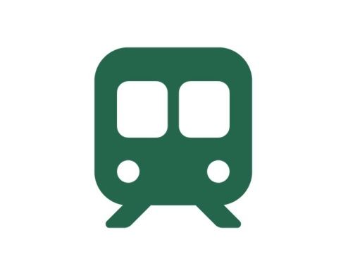Symbol für einen Bahnhof, ein grüner Zug auf Schienen