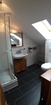 Unter einer hellen Dachschräge befindet sich ein Badezimmer mit Dusche, WC, Waschbecken, Holz-Unterschrank, Spiegel, Kosmetikspiegel, Fön und Ablageregal.
