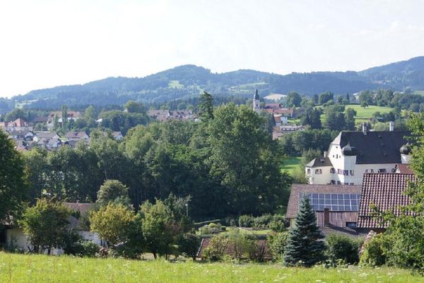 Teilansicht von Neukirchen mit Schloss Haggn. Der Ort ist eingebettet in Baumgruppen und umgeben von einer bewaldeten Hügelkette im Hintergrund.
