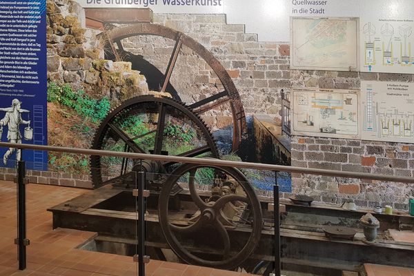 Blick in die Ausstellung der Grünberger Wasserkunst. Es sind zwei große Metallzahnräder auf einer metallernen Vorrichtung im Boden zu sehen. Dahinter ist eine wandhohe und -breite Infotafel angebracht mit einem großen Mühlrad sowie Text zur Grünberger Wasserkunst. Rechts steht über ein paar technischen Zeichnungen So kommt das Quellwasser in die Stadt.