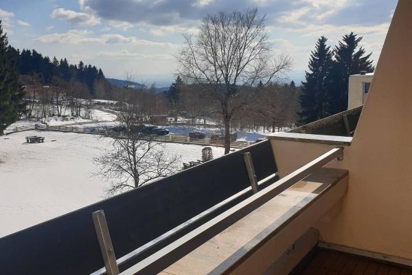 Vom Balkon der Ferienwohnung bietet sich ein wunderbarer Ausblick auf die verschneite Winterlandschaft, mit hohen Bäumen und Hügeln in der Ferne.
