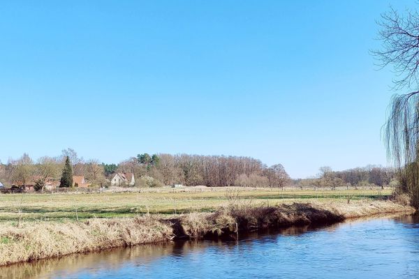 Der Blick vom Kanuanleger des Biwakplatzes in Wichmannsburg zeigt die idyllische Ilmenau in der Heideregion Uelzen. Die Flusslandschaft mit überhängender Weide und weiten Wiesen markiert einen beliebten Zwischenstopp für Kanutouren und Radfahrer. Hier verläuft der Ilmenauradweg in landschaftlich reizvoller Umgebung.