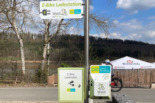 E-Bike-Ladestation mit einem vorbeifahrenden Radfahrer und See im Hintergrund
